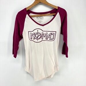 Fantastic Beasts Raglan Shirt Women Small White Maroon No-Maj Graphic V-Neck Tee
